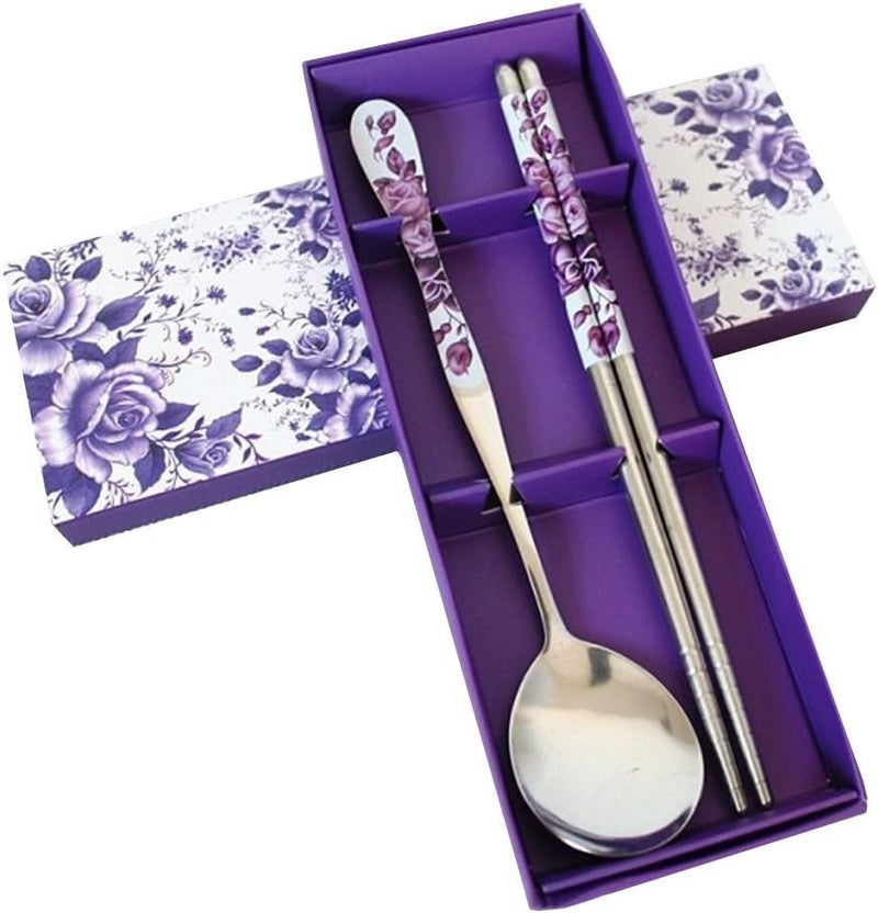 HugeStore Chinese Purple Rose Stainless Steel Chopsticks and Spoon Set - Image 1
