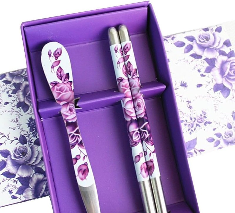 HugeStore Chinese Purple Rose Stainless Steel Chopsticks and Spoon Set - Image 3