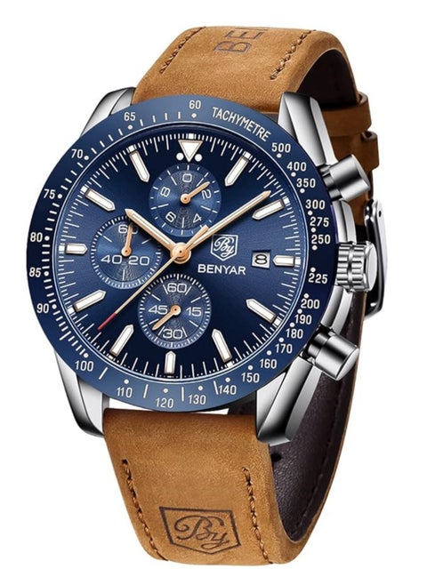 Watches for Men Watch Quartz Luxury Leather Waterproof Chronograph Watch 5140