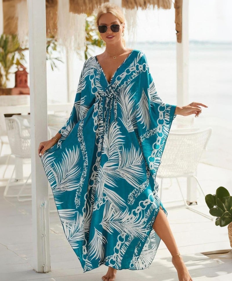 IMAGEKOPE Kaftan Dresses for Women Plus Size V-Neck Moo Moos Batwing Kaftan Beach Dress Bathing Suit Cover-Up Loungewear - Image 2