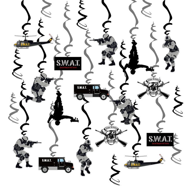The DaPai SWAT Theme Hanging Swirl Birthday Party Decors Special Forces Party Dizzy Danglers Military Ceiling Streamers Party Supplies for Adults Pretend Play Role Play Party Birthday - Image 2
