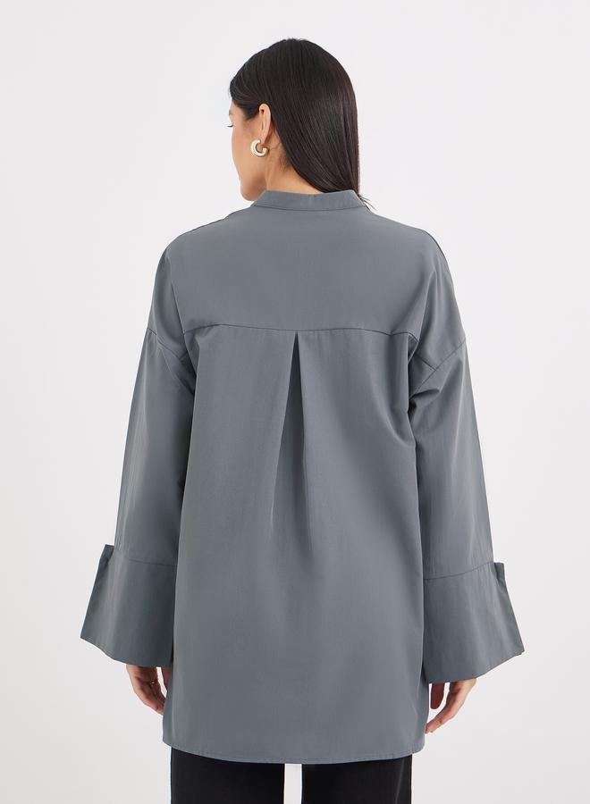 Styli Grey Relaxed Fit Longline Shirt with Pockets - Image 5