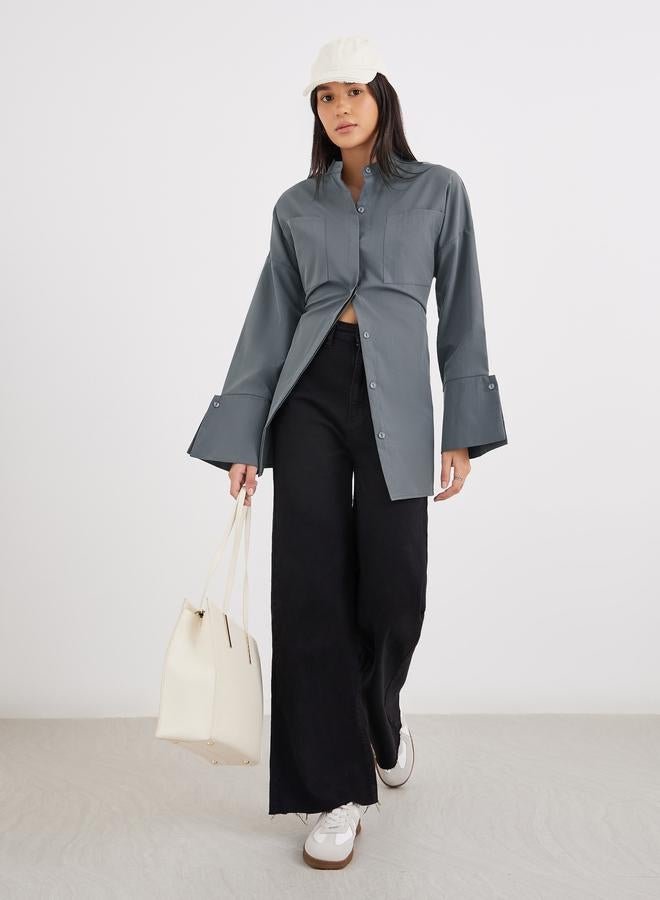 Styli Grey Relaxed Fit Longline Shirt with Pockets - Image 3