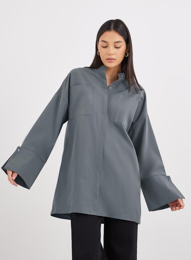 Styli Grey Relaxed Fit Longline Shirt with Pockets - Image 2