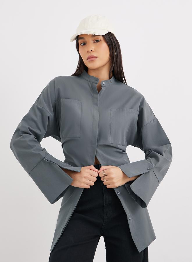 Styli Grey Relaxed Fit Longline Shirt with Pockets - Image 1
