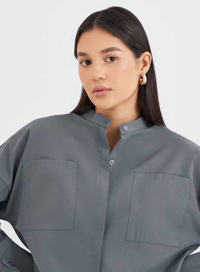 Styli Grey Relaxed Fit Longline Shirt with Pockets - Image 4
