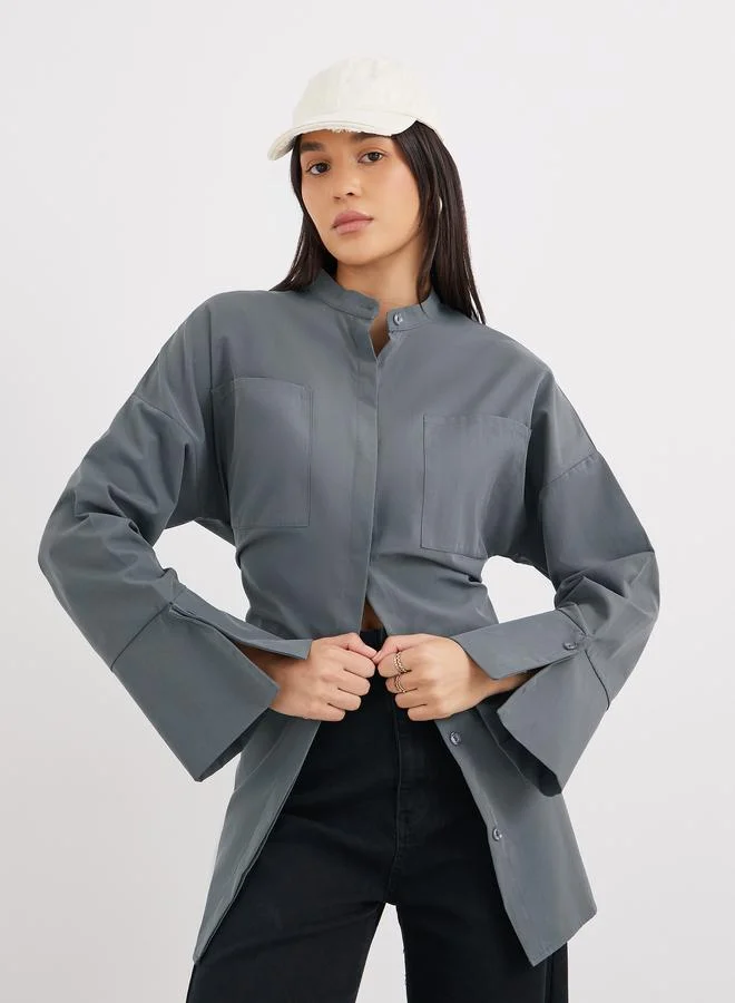 Styli Styli Grey Relaxed Fit Longline Shirt with Pockets