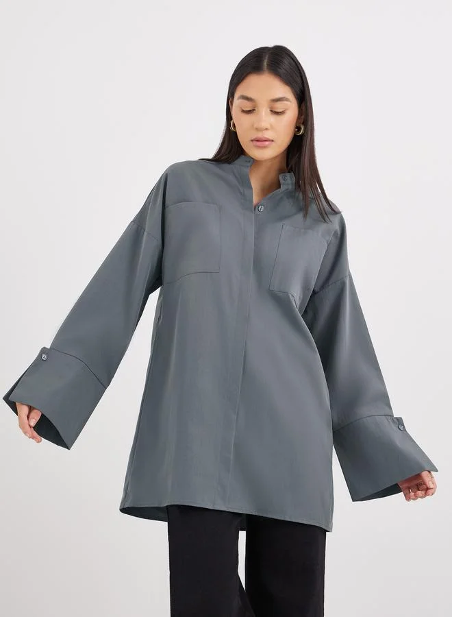 Styli Styli Grey Relaxed Fit Longline Shirt with Pockets
