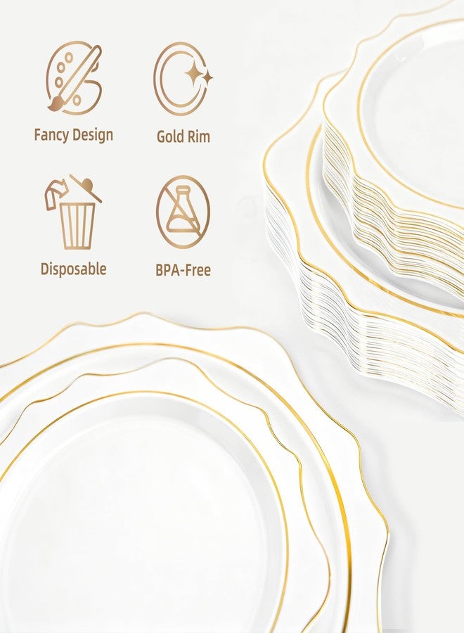 QualQuot 60PCS White Plastic Plates with Gold Rim, Disposable Heavy Duty Plastic Plate, Fancy 30 Dinner and 30 Dessert Plates for Party and Wedding - Image 3