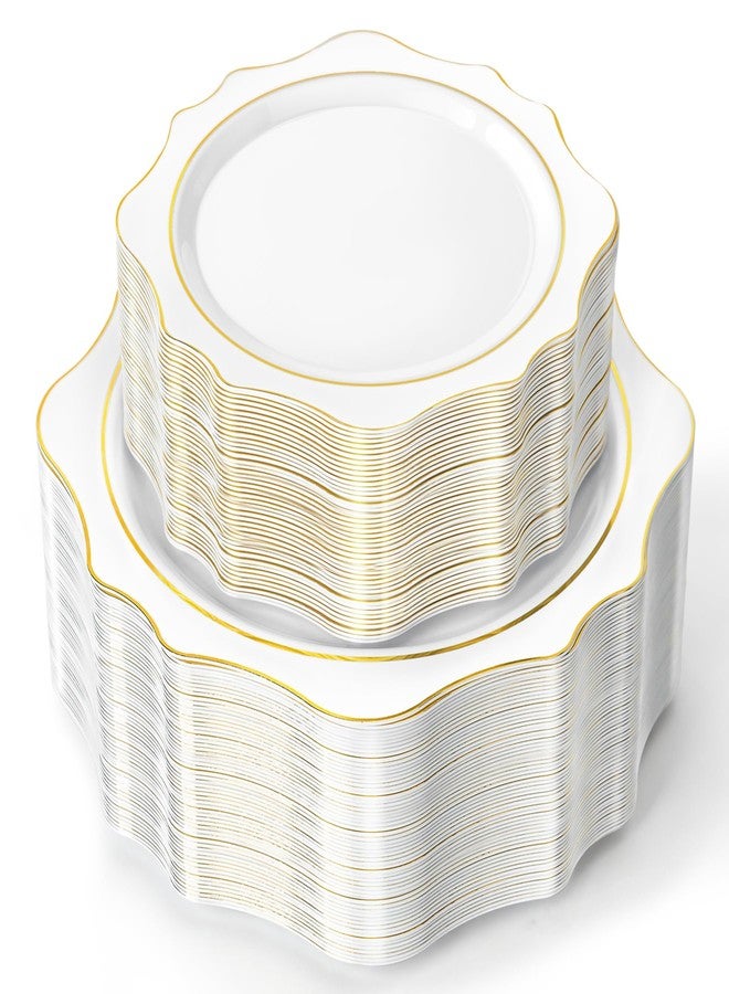 QualQuot 60PCS White Plastic Plates with Gold Rim, Disposable Heavy Duty Plastic Plate, Fancy 30 Dinner and 30 Dessert Plates for Party and Wedding - Image 1