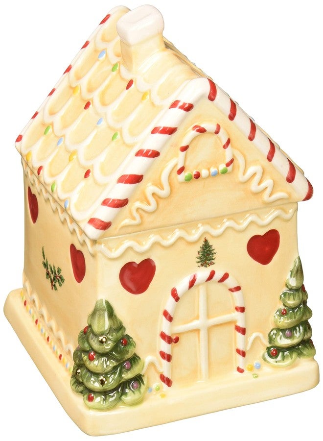 Spode Christmas Tree Gingerbread House Candy Jar - 7-Inch Christmas Cookie Jar in Fine Earthenware - Decorative Candy Storage Jar with Lid for Holiday Kitchen Counter, Cookies, and Treats - Image 1