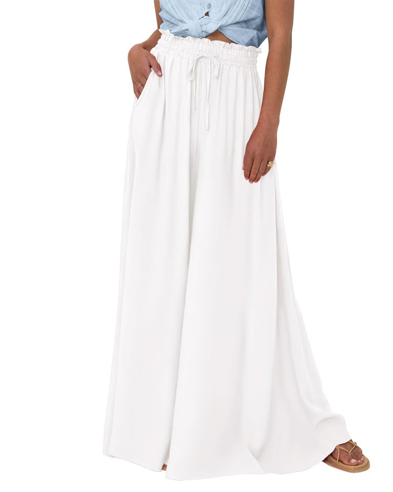 BTFBM Women Casual High Waist Wide Leg Pants 2025 Summer Fall Long Palazzo Pants Pocket Lounge Vacation Beach Trousers(Solid White, Small) - Image 1