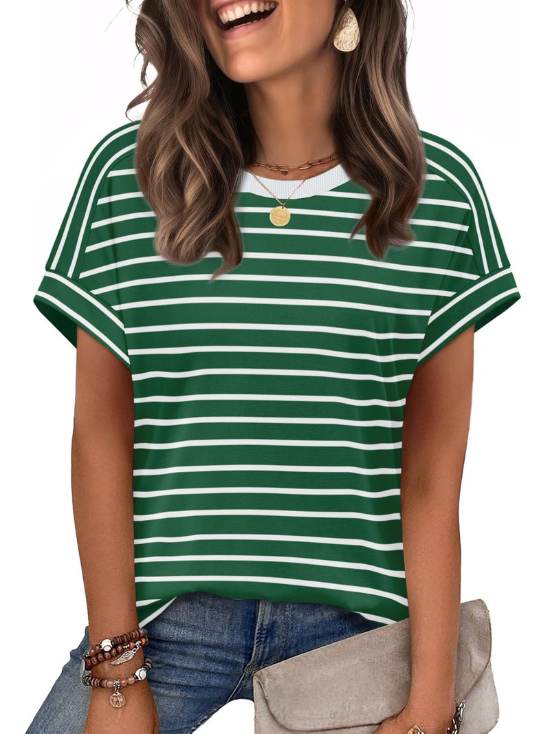WIHOLL Plus Size Spring Clothes for Women Summer Outfits 2026 Clothing Short Sleeve Shirts St Patricks Day Dressy Casual Blouses Fashion Green Stripes 2XL - Image 1