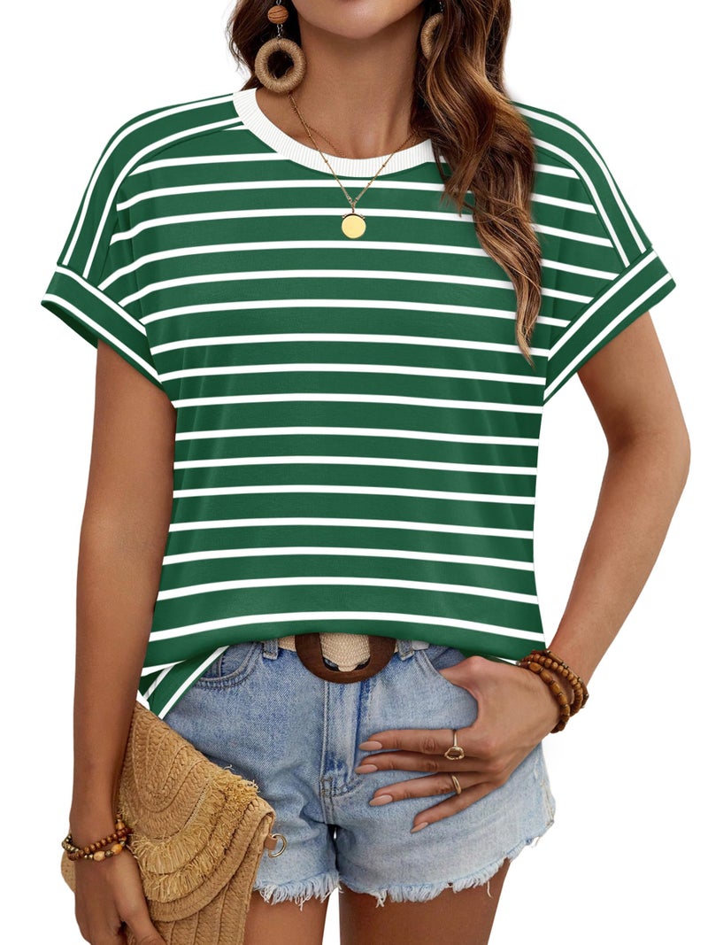 WIHOLL Plus Size Spring Clothes for Women Summer Outfits 2026 Clothing Short Sleeve Shirts St Patricks Day Dressy Casual Blouses Fashion Green Stripes 2XL - Image 2