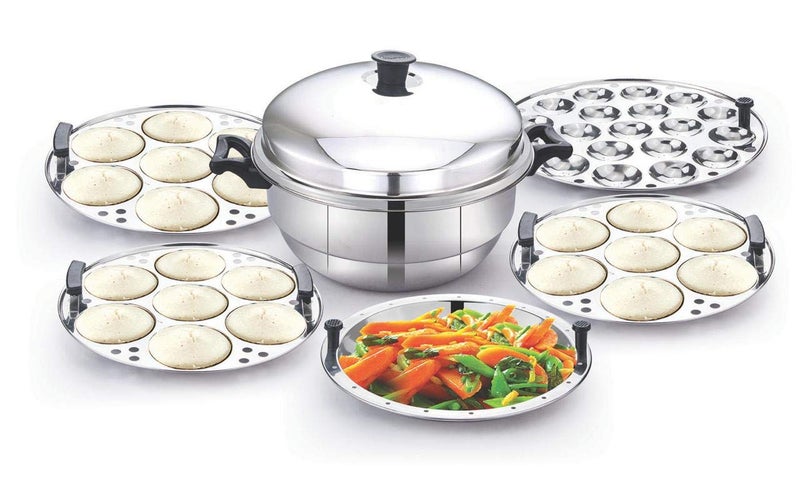 luxuria Sumo Stainless Steel Induction Idly Pot (5 Plates, 21 Idlis), Silver - Image 1
