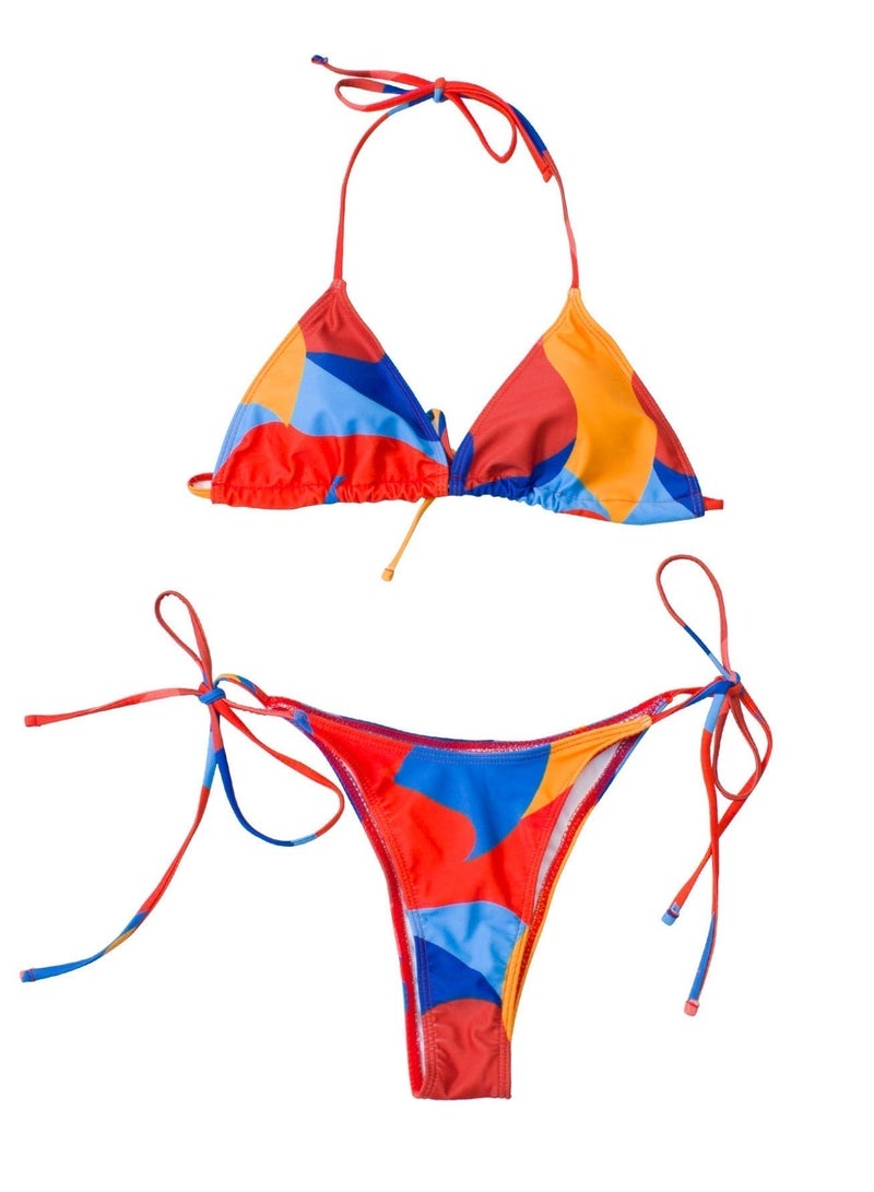 Women's 2 Piece Color Block Triangle Bikini Set, Halter Tie Backless Bikini Top + Side Tie High Cut Bikini Bottom - Image 2
