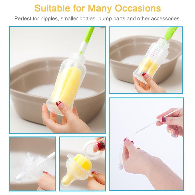 Bottle Cleaning Brush Set with Nipple Brush Green Sponge for Travel and Home Use - Image 4