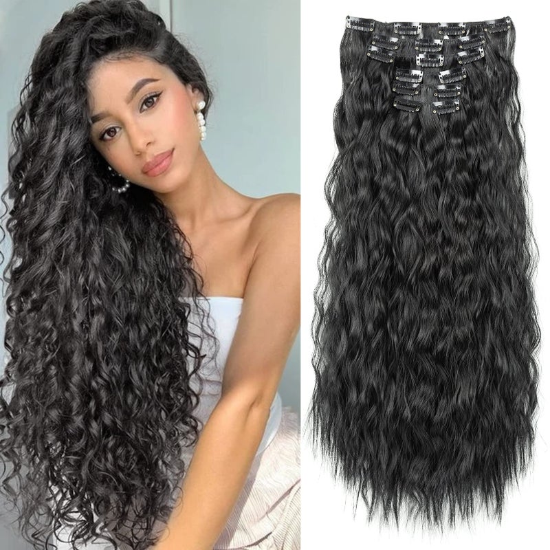 LONAI Clip In Hair Extensions 6PCS 24 Black Hair Extensions Long Mermaid Waves Wavy Synthetic Clip On Hairpiece For WomenBlack