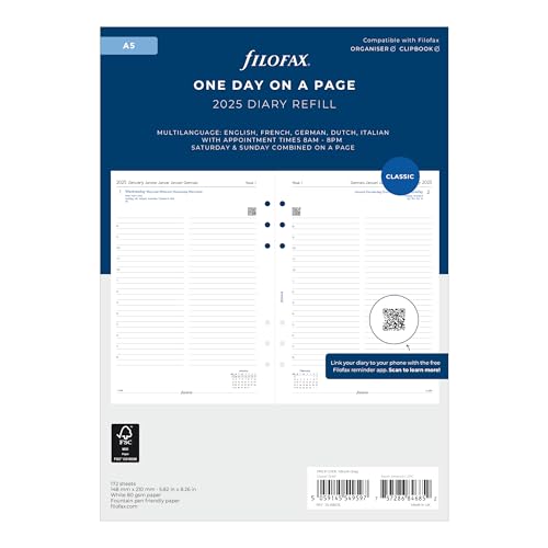 Filofax Calendar Diary Refill, A5 Size, Day on One Page with Appointments, White Paper, Multilingual: Five Languages, 2025 (C68515-25) - Image 1