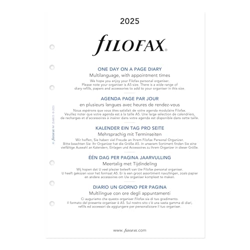 Filofax Calendar Diary Refill, A5 Size, Day on One Page with Appointments, White Paper, Multilingual: Five Languages, 2025 (C68515-25) - Image 2