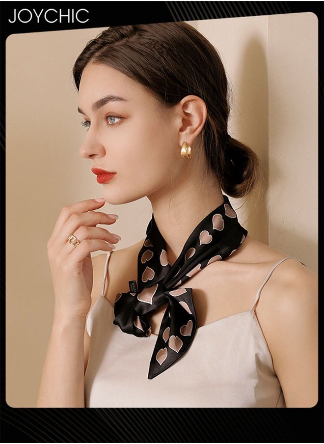 Joychic - Women Summer Small Square Scarf  Sun Protection Scarf Rolled-edge Plain Love Ear Printed Silk scarf Decorated Headscarf Black - Image 1