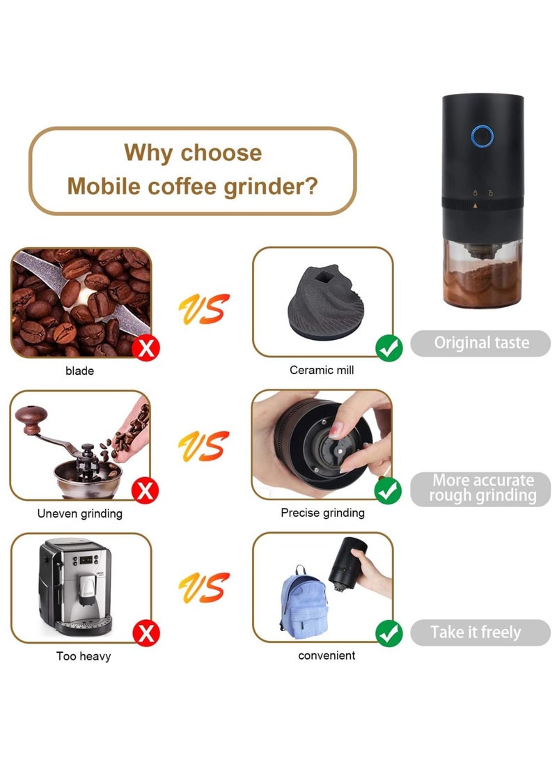 Black electric coffee grinder, body made of ABS+acrylic material and built-in ceramic grinding core, portable USB rechargeable coffee bean grinder, suitable for home and travel, size 7*7*18 cm  - Image 4