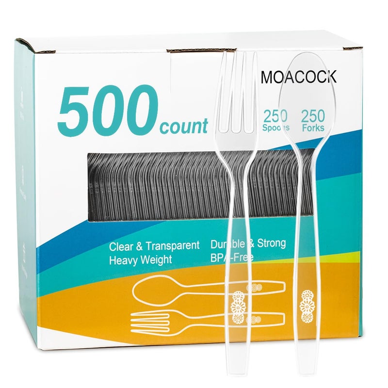 MOACOCK 500 Count Plastic Silverware  Heavy Weight Plastic Forks Spoons Disposable Utensils Cutlery Set for Wedding Party Supplies Everyday Use - Image 1