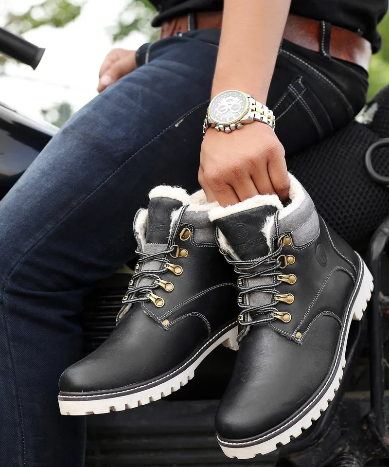 Bacca Bucci Black Moscow Leather Biker Boots with Fur for Hiking for Men | Best Price UAE