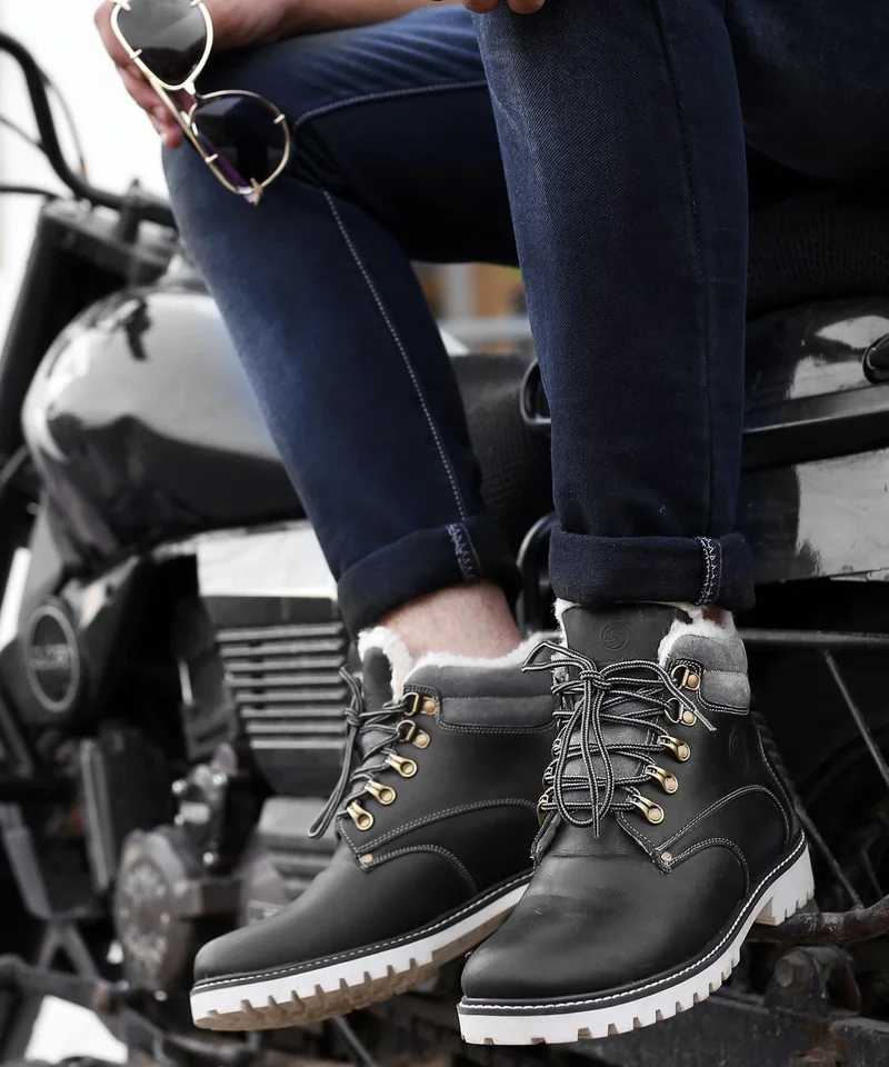 Bacca Bucci Black Moscow Leather Biker Boots with Fur for Hiking for Men | Best Price UAE