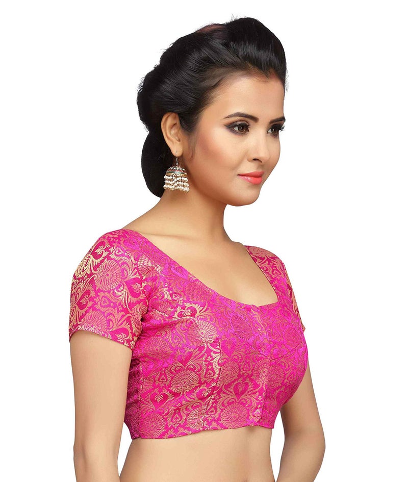 Studio Shringaar Women's Benaras Brocade Short Sleeves Readymade Saree Blouse,(Pink,40) - Image 4