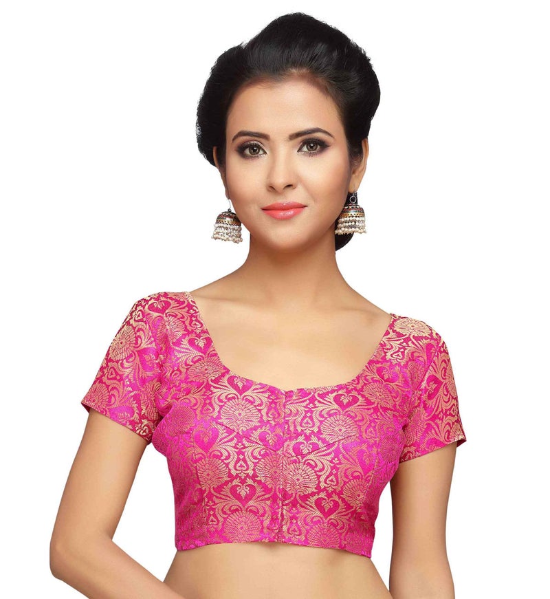 Studio Shringaar Women's Benaras Brocade Short Sleeves Readymade Saree Blouse,(Pink,40) - Image 1