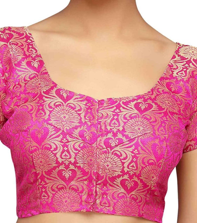 Studio Shringaar Women's Benaras Brocade Short Sleeves Readymade Saree Blouse,(Pink,40) - Image 3