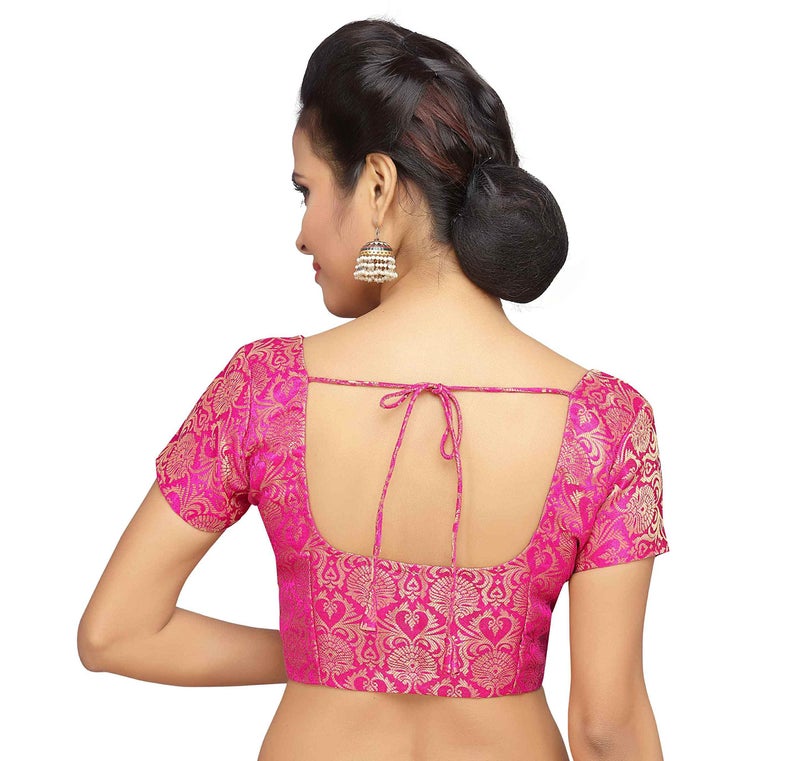 Studio Shringaar Women's Benaras Brocade Short Sleeves Readymade Saree Blouse,(Pink,40) - Image 2