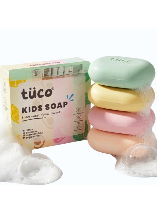 TuCo عبوة صابون Tuco® للأطفال (3+1 قطع: 3 × 75 جم + 1 × 75 جم) | مُختبرة جلدياً، لطيفة ومغذية بتركيبة تحتوي على فيتامين C الطبيعي والأفوكادو والمارشميلو والحمضيات | خالية من كبريتات لوريل الصوديوم (SLS) والبارابين | مناسبة للأعمار: 2-5، 5-10، و10-15 سنة. - Image 1