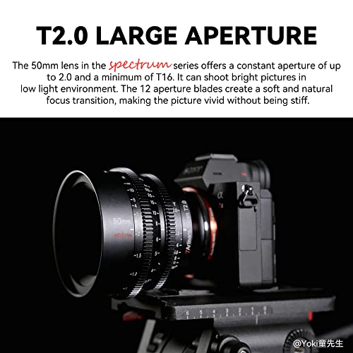 7artisans 50mm T2.0 Large Aperture Full Frame Cine Lens Compatible for Sony E-Mount, Manual Focus Low Distortion Cinema Lens Mirrorless Cameras for Sony A7 Series FX3 A7S3 A7M3 A7R3 A7M4, Black - Image 2