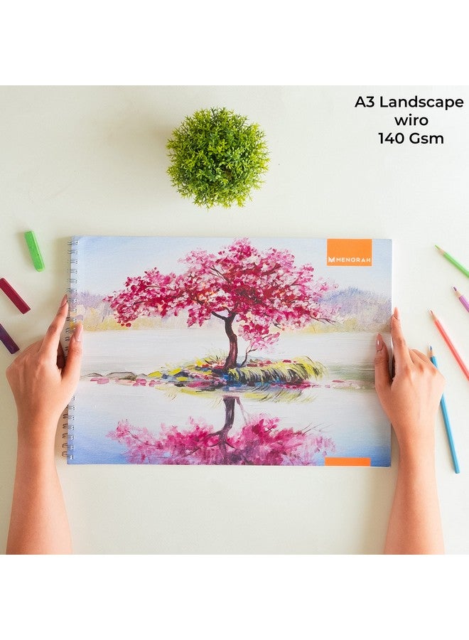 MENORAH مينوراه - دفتر رسم A3، لوح رسم - 140 جرام، 100 صفحة/50 ورقة - دفتر رسم مربوط بسلك معدني - (29.7 × 42.0 سم) - تصميم وادي الزهور - Image 2