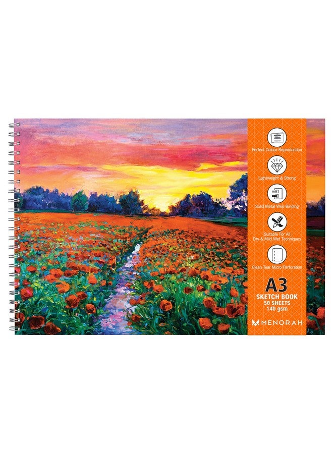 MENORAH مينوراه - دفتر رسم A3، لوح رسم - 140 جرام، 100 صفحة/50 ورقة - دفتر رسم مربوط بسلك معدني - (29.7 × 42.0 سم) - تصميم وادي الزهور - Image 1