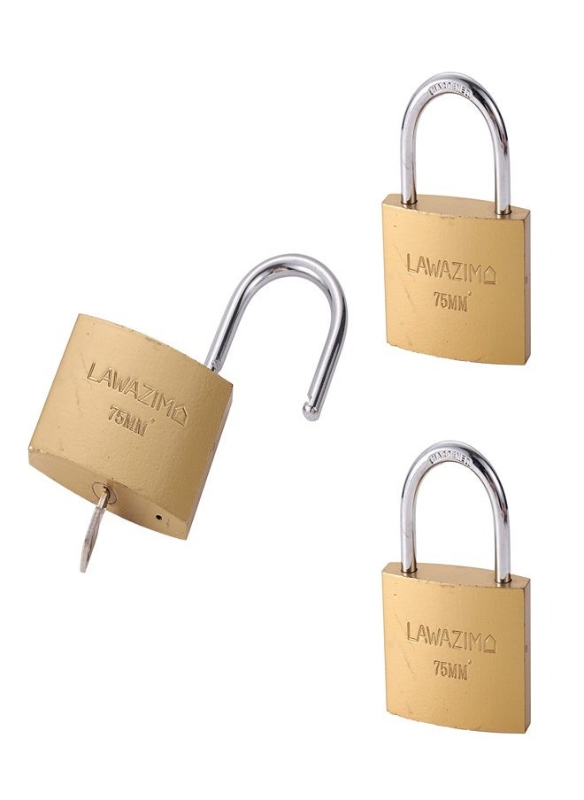 LAWAZIM Brass Padlock - Pack of 3 75mm - HeavyDuty Shackle Keyed Pad Lock for Hasp Latch Gym Locker Toolbox Gate Shed Storage Unit Cabinet Weatherproof Rust-Resistant Secure Locking Mechanism  - Image 1