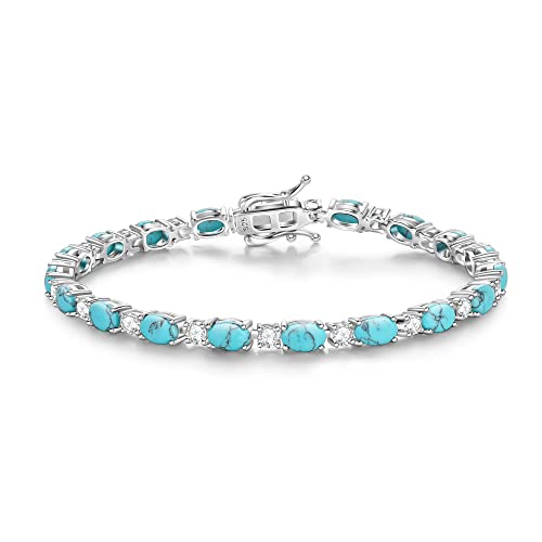 FANCIME Sterling Silver Created Turquoise Tennis Bracelet December Birthstone Bracelet Oval Gemstone Dainty Fine Jewelry Birthday Day Gift for Women 7" - Image 1