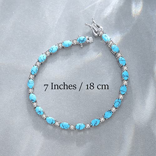 FANCIME Sterling Silver Created Turquoise Tennis Bracelet December Birthstone Bracelet Oval Gemstone Dainty Fine Jewelry Birthday Day Gift for Women 7" - Image 3
