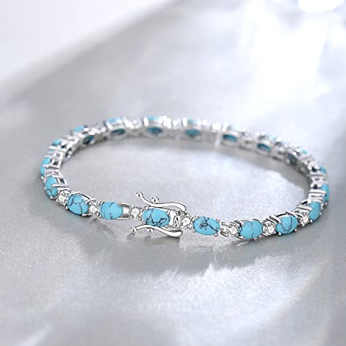 FANCIME Sterling Silver Created Turquoise Tennis Bracelet December Birthstone Bracelet Oval Gemstone Dainty Fine Jewelry Birthday Day Gift for Women 7" - Image 2