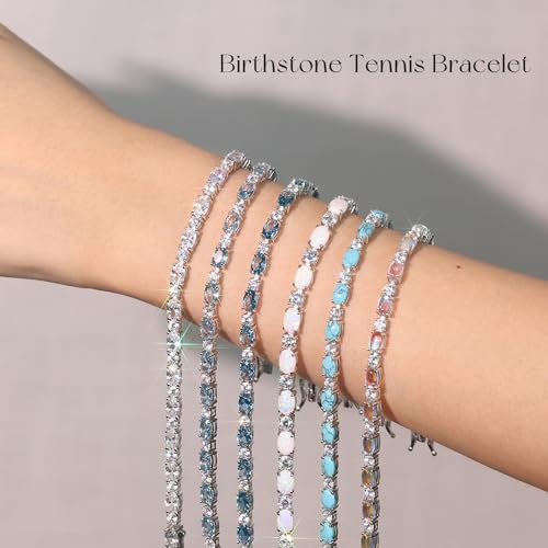 FANCIME Sterling Silver Created Turquoise Tennis Bracelet December Birthstone Bracelet Oval Gemstone Dainty Fine Jewelry Birthday Day Gift for Women 7" - Image 5