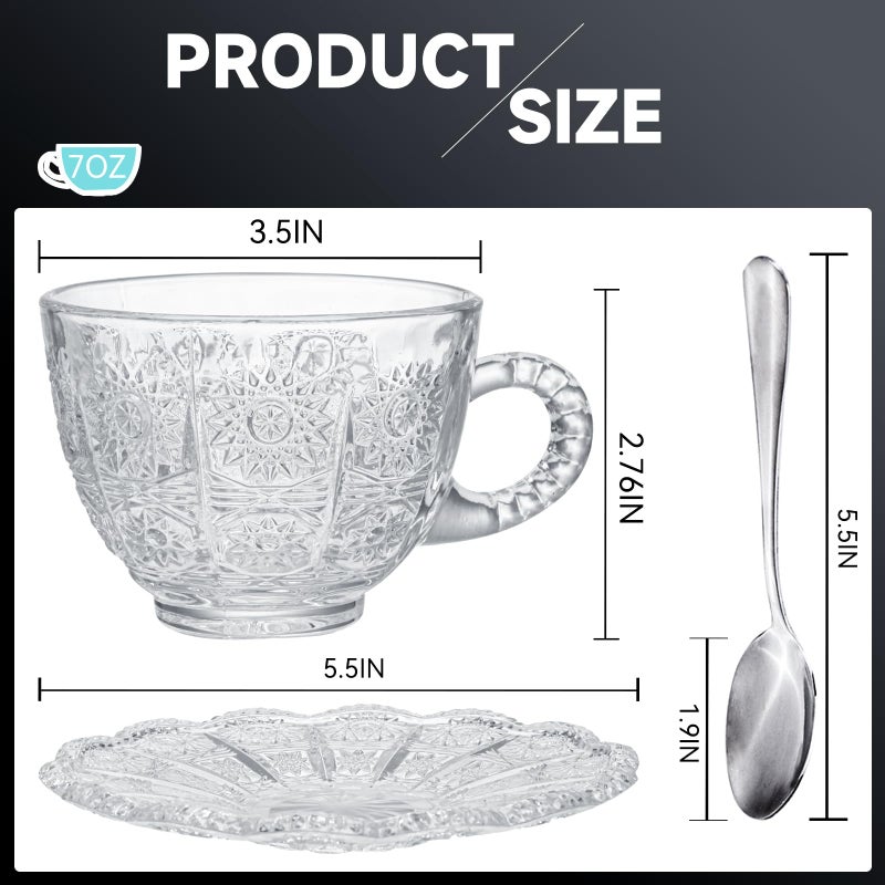 GURUDAR Glass Teacups and Saucers Set of 6, Vintage Coffee Mugs with Stainless Steel Spoon, Dishwasher & Microwave Safe Teacups for Espresso Cappuccino Latte Tea Juice, 7OZ/210ML, Clear - Image 2