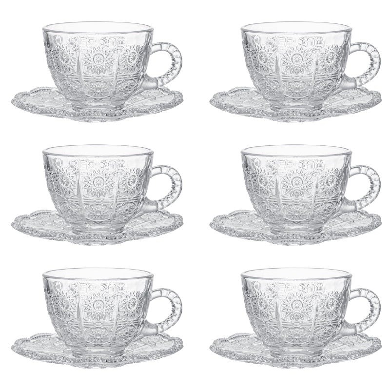 GURUDAR Glass Teacups and Saucers Set of 6, Vintage Coffee Mugs with Stainless Steel Spoon, Dishwasher & Microwave Safe Teacups for Espresso Cappuccino Latte Tea Juice, 7OZ/210ML, Clear - Image 1