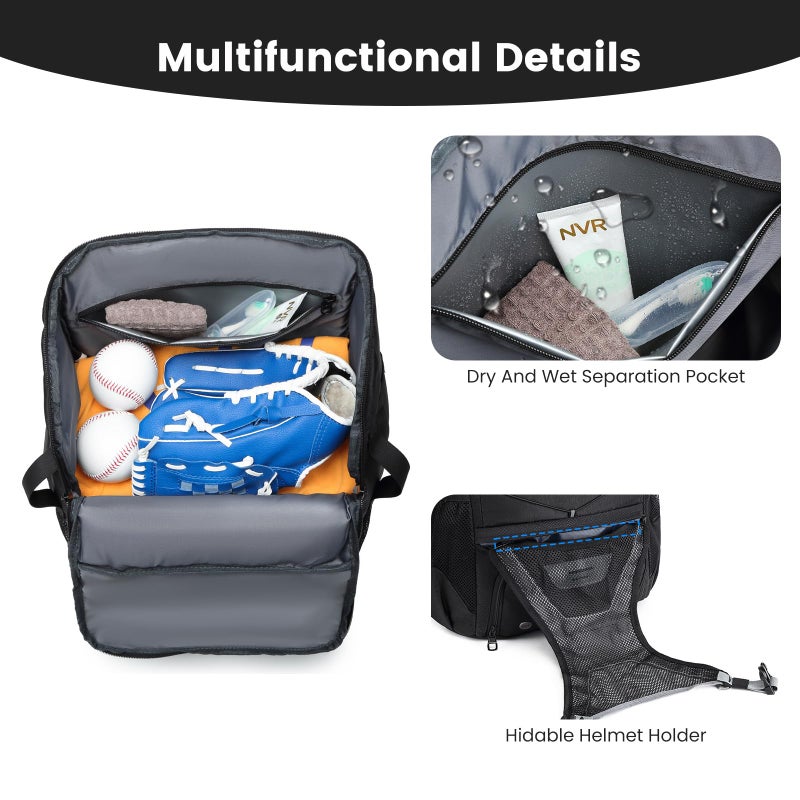 GOTECH Softball Bat Bag for Youth & Adults, Baseball Equipment Backpack with Fence Hook & Shoe Compartment, Large Main Compartment for Helmet - Black - Image 5
