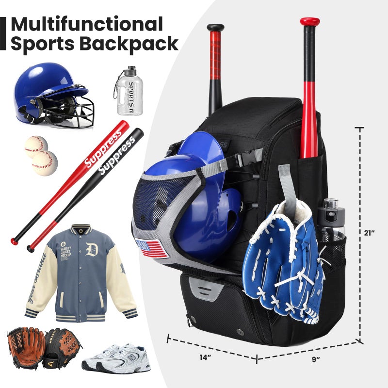 GOTECH Softball Bat Bag for Youth & Adults, Baseball Equipment Backpack with Fence Hook & Shoe Compartment, Large Main Compartment for Helmet - Black - Image 2
