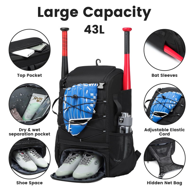 GOTECH Softball Bat Bag for Youth & Adults, Baseball Equipment Backpack with Fence Hook & Shoe Compartment, Large Main Compartment for Helmet - Black - Image 4