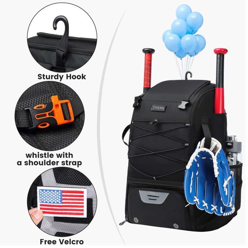 GOTECH Softball Bat Bag for Youth & Adults, Baseball Equipment Backpack with Fence Hook & Shoe Compartment, Large Main Compartment for Helmet - Black - Image 3