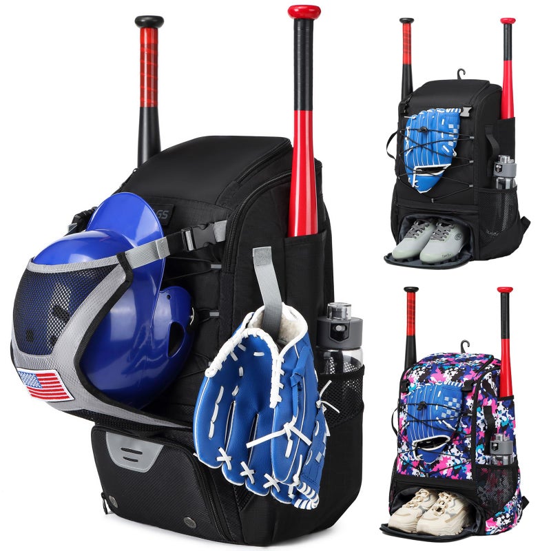 GOTECH Softball Bat Bag for Youth & Adults, Baseball Equipment Backpack with Fence Hook & Shoe Compartment, Large Main Compartment for Helmet - Black - Image 1