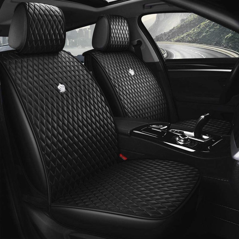 Red Rain Black Front and Rear Universal Car Seat Cover Leather Seat Cover with Crown Full Coverage 5 Seater AABlack